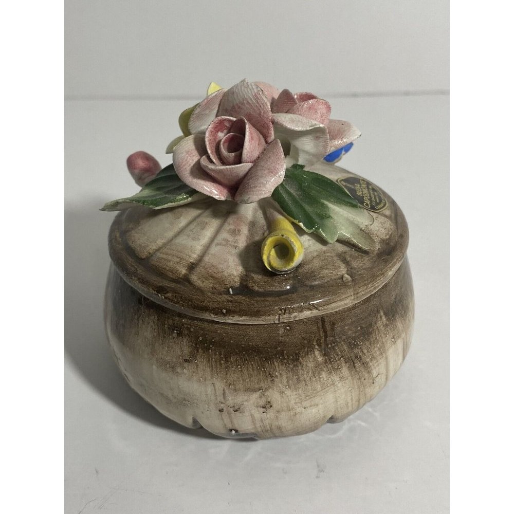 Vintage Capodimonte Trinket Dish Made In Italy Signed Stamped Roses Pink Yellow